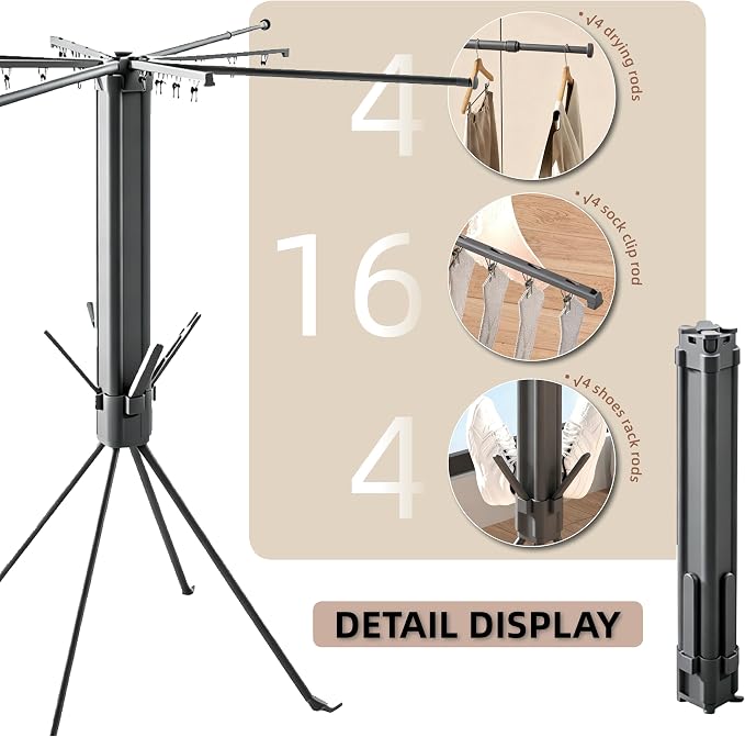 4-Legged Clothes Drying Rack Foldable, Drying Rack Clothing Floor Standing Laundry Drying Rack Collapsible Drying Racks with Sock Clips & Shoe Holders for Indoor and Outdoor Balcony Bedroom Apartment