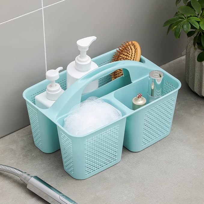 Plastic Portable Shower Caddy Basket with Handle, 3 Compartments, Blue | Storage Organizer with Drain Holes, Sturdy and Durable For Bathroom, Kitchen, College Dorm, Sink, Camping
