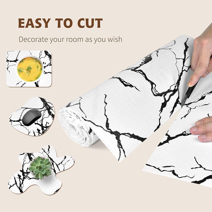 2-Layer Drawer and Shelf Liner for Kitchen Cabinet: 17 in X 20 Ft Non Slip | Waterproof Shelf Paper Non Adhesive Refrigerator Liners White/Black Marble Easy Liners for Bathroom with Knife Tape Measure