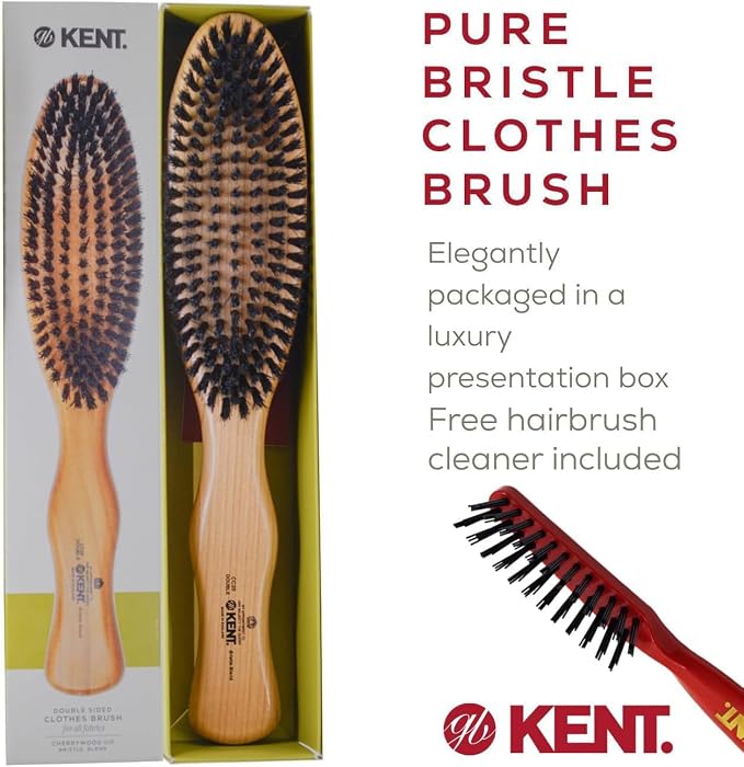 Kent CC20 Double Sided Cherrywood Clothes Brush and Lint Remover, Firm Side for Dust and Dirt, Soft Side for Gentle Brushing for Keeping Fabrics Free from Fibres, Fluff and Pet Hair, Made in England