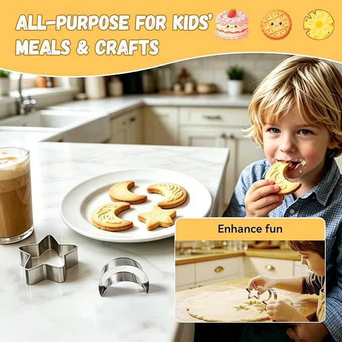 5Pcs Stainless Steel Cookie Cutters, Food Grade 5 Shapes | Kid-safe stainless steel; Star/moon/sun/cloud/rainbow shapes; For cookies, pancakes, playdough; Rolled edges.