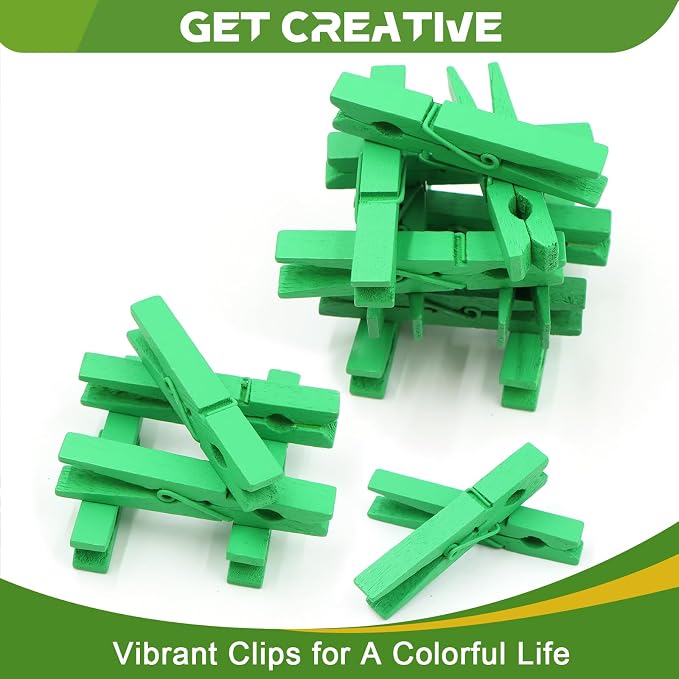 100 Pcs Green Clothes pins - 2.9 Inch Wooden Clothespins Cheer Clips | Vibrant for Crafts Classroom Decorations Clothing Pictures Laundry Solid Wood No Splinters Fade‑Proof