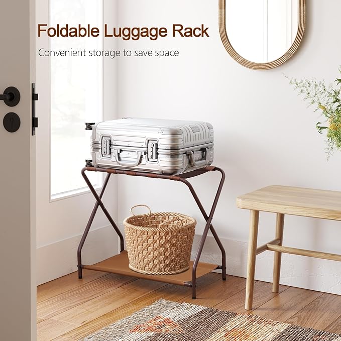 AMHANCIBLE Luggage Rack, Set of 2, Foldable Suitcase Stands for Guest Room | Metal Luggage Holder with Storage Shelf for Bedroom, Hotel, Easy Assemble, Bronz