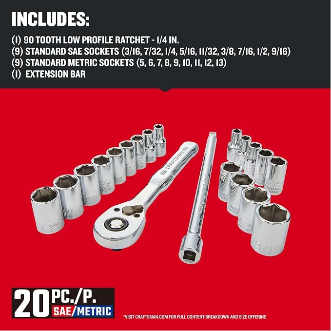 CRAFTSMAN Mechanics Tool Set, 1/4 Inch Drive, 20 Piece, 90-Tooth (CMMT12108)