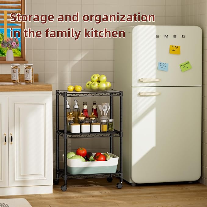 SINGAYE Small Wire 3 Adjustable Shelves Pantry Metal Shelf Floor Organizer | Armoire Adjustable Floor Kitchen Narrow Organizer Rack Shelving Short Square Stackable Standing Storage Tier Under Unit