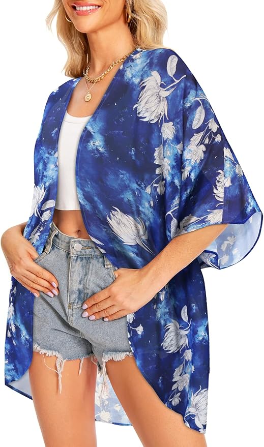 Women Kimono Cardigans Summer Cover Up Hawaiian Shirts Floral Print Tops | ROSEMIA chiffon kimono open front cardigans, beach cover ups, daily casual tops, cruise outfits, summer resort wear