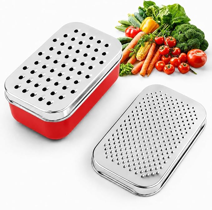 Cheese Grater with Storage Container, Box Grater Stainless Steel for Vegetables, Cheese Shredder 2 Sharp Blades for Fine & Coarse, Non-Slip Base, Lemon Zester, Includes Cleaning Brush(Red)