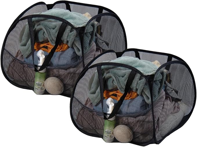 Collapsible Laundry Basket 90L, Mesh Pop-up Hamper, Black 2PCS | Foldable Laundry Basket, Side Storage Pocket, Handles, Dirty Clothes Hamper for Bedroom, Bathroom, Dorm, Travel, Camping