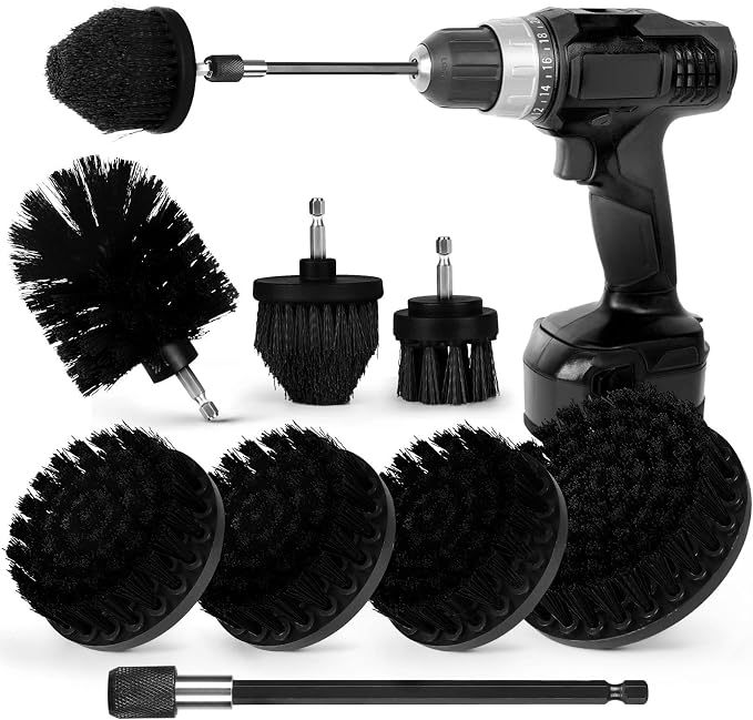 8 Pack Drill Brush Attachment Set, 1/4in Power Scrubber Brush + Extend Long Rod, Brush Drill Attachment, Power Cleaning Scrub Brush for Bathroom, Tub, Tile, Corner, Floor（Black）