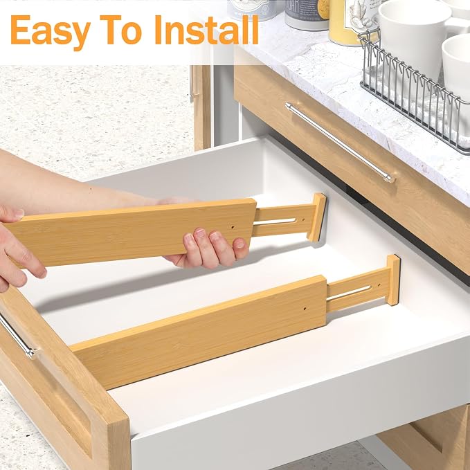 Bamboo Drawer Dividers Organizers, 2.56" High, 17"-21.8" Adjustable, 8 Pack | Expandable Separators, Great for Utensils, Kitchen, Bedroom, Dresser and Office Storage