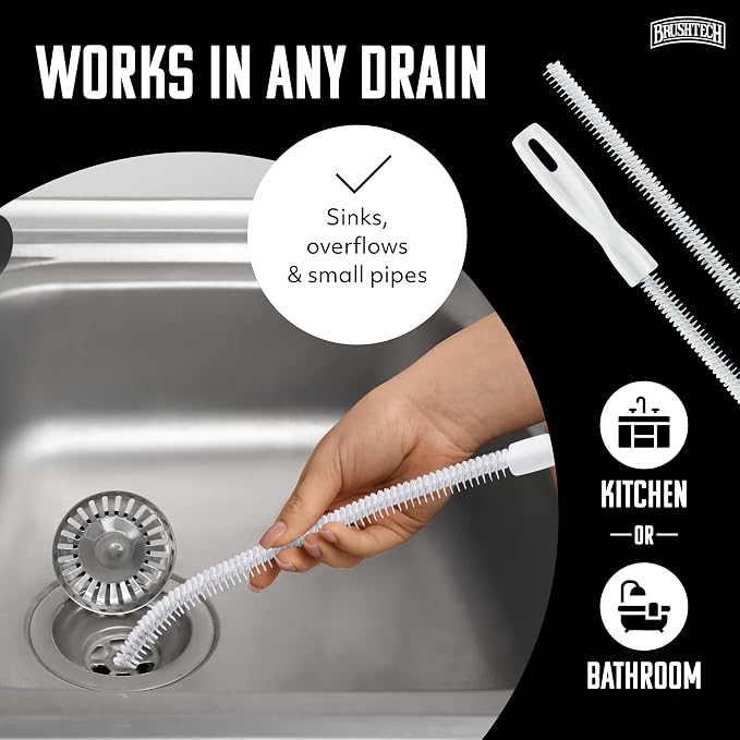 BRUSHTECH – Sink Drain & Overflow Cleaning Brush – White, Set of 2