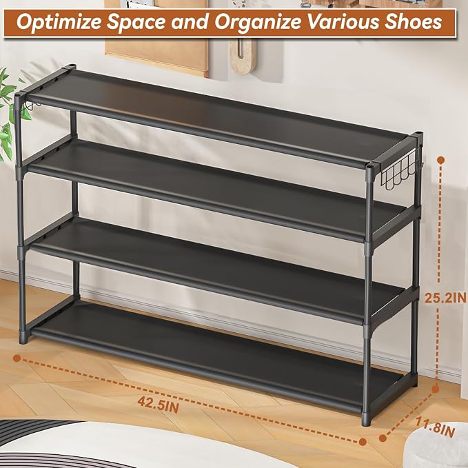 LUKYTOWER Extra Long Shoe Rack 4 Tier with 2 Hooks Shoe Storage Organizer | Wide Stackable Shoe Racks for Closet, Entryway,Shoe Shelf Stand Sturdy Durable Shoes Holder Save Space Up to 26Pairs
