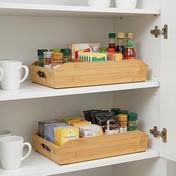 Pumtus 2 Pack Bamboo Pantry Organizers, Storage Bin with Removable Dividers, Divided Snack Oragnizer with Handle, Stackable Cabinet Basket, Drawer Caddy for Kitchen Office Packets Sauce Pouches