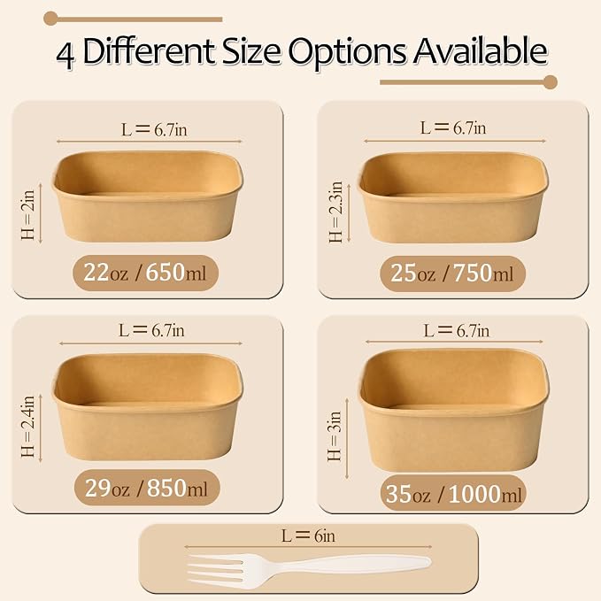 50 Pack 29Oz Disposable Meal Prep Containers With Lids and Forks-Disposable Kraft Paper Bowls-to go food containers-Microwavable and Freezer Safe Take Out Containers