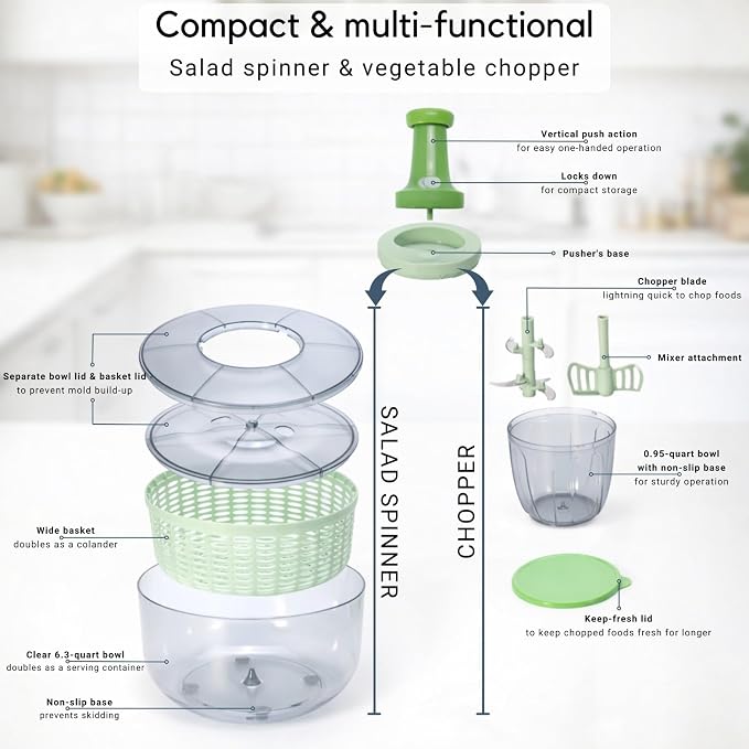 Brieftons Salad Spinner and Chopper Combo: Large 6.34-Quart Lettuce Greens Vegetable Washer Dryer with Bonus 0.95-Quart Push Veggie Chopper Mixer, Storage Lids, Collapsible, No Electricity, Easy Prep
