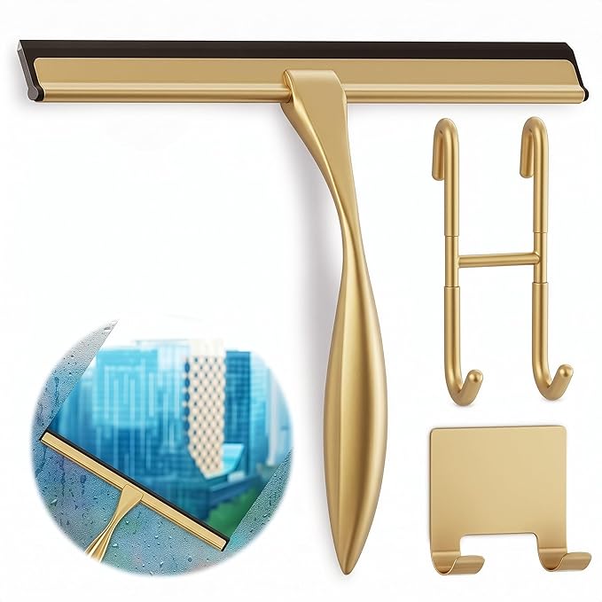 Shower Door Squeegee with Hook - 12" Silicone Blade, Stainless Steel Gold Squeegee for Shower Glass with Adhesive Mount - All-Purpose Bathroom Tile, Mirror, & Window Wiper for Streak-Free Cleaning