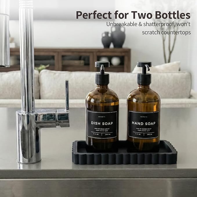 Small Silicone Bathroom Vanity Tray, Sink Caddy for Dish Soap Dispenser, Sponge Holder for Kitchen Sink, Rectangle Bathroom Countertop Organizer for Perfume, Jewelry, Candle (7.9” * 4”, Black)
