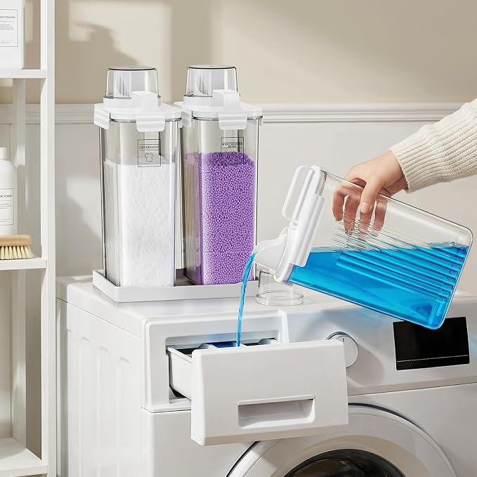94oz Laundry Detergent Dispenser Container,Soap Dispenser,White Tray,2 Pack | Fabric Softener Dispenser,Liquid Laundry Detergent Organizer for Laundry Room Organization