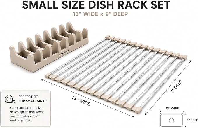 Small Aluminum Roll Up Dish Drying Rack with Removable Dish Holder (9" × 13") for Camping, RV, Camper, Boat & Narrow Sinks, Rust-Proof Square Bar, Beige