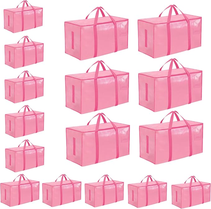 16 Pack-Extra Large Heavy Duty Moving Bags - Waterproof Storage Totes with Handles & Zippers, Foldable for College Dorm, Storage (Pink)