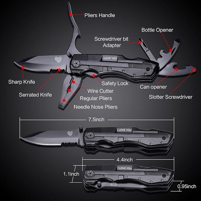 Multitool Pocket Knife for Men, Gifts for Him, Boyfriend, Husband, Dad, Multi Tool Tactical Plier With Nylon Sheath, 'I LOVE YOU'