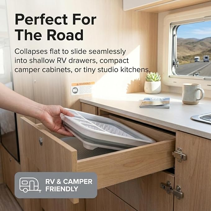 American Dream Collapsible Dish Drying Rack, Grey Foldable Kitchen Dish Drainer with Drain System, Space-Saving Organizer for Plates, Cups & Utensils