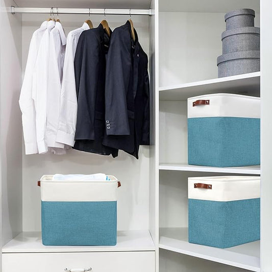 Bagnizer Large Fabric Storage Baskets | 50L Storage Bins, Decorative Linen Closet Baskets with Handles for Organizing, Shelf, Toys, Clothes, Home, Office, Nursery, 17x12x15Inches (Teal&White)