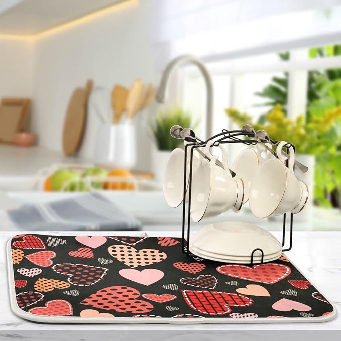 Happy Valentine's Day Love Heart Black Dish Drying Mat for Kitchen Valentines Day Microfiber Drying Mats Absorbent Reversible Dish Pad Large Dish Draining Mat 18x24 inch