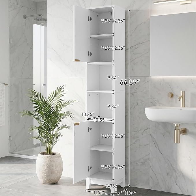 VINGLI White Fluted Tall Narrow Bathroom Cabinet, 67" Slim Freestanding Storage Cabinet for Small Spaces, Wood Linen Tower Floor Cabinet with 2 Doors, Open Shelves & Soft-Close Hinges