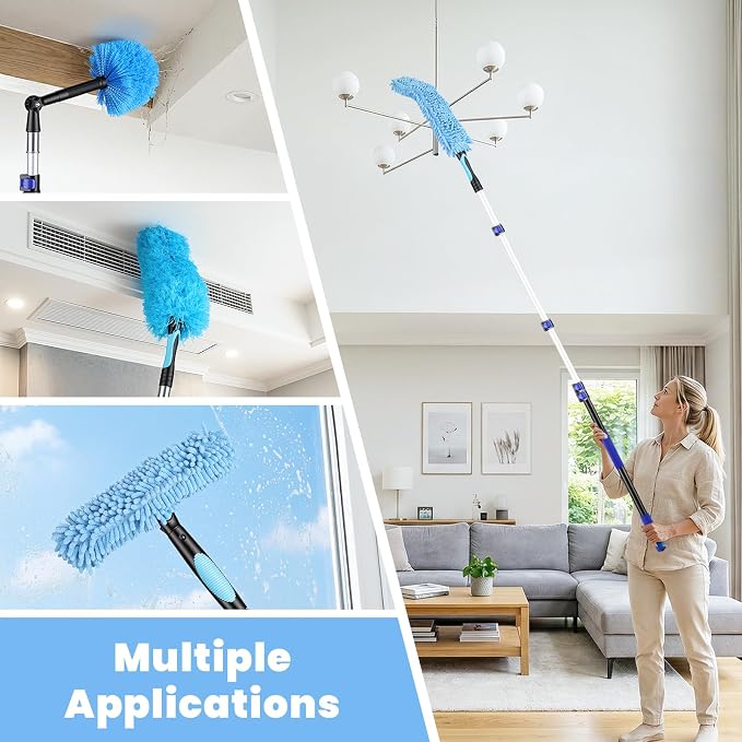 20ft High Reach Extendable Duster Kit with 5-12ft Extension Pole - Ceiling Fan Blade Cleaner, Spider Web Brush Cobweb Remover, Window Squeegee Kit with Telescoping Wand, Extended Extra Long Handle