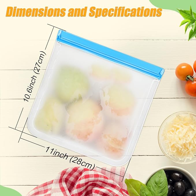 10 Pack Reusable Storage Bags, Dishwasher Safe Reusable Silicone Leak proof Freezer Bag for Food Storage Containers, Lunch, Sandwich, Marinate Meat, Salad Fruit 11'' x 10.6''