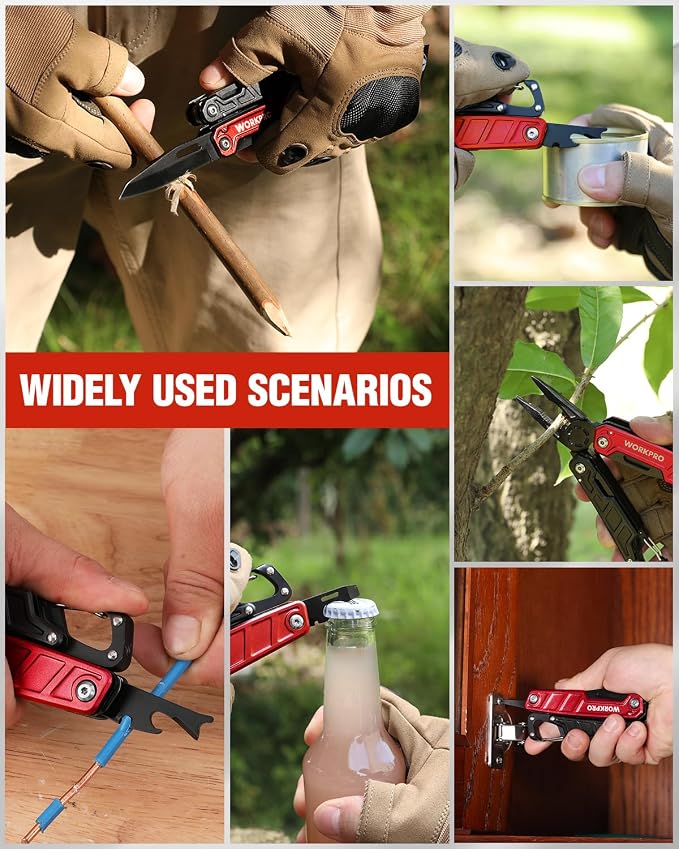 WORKPRO 11 in 1 Multitool Pliers with Pocket Clip and Sheath | EDC Multi Tool Knives with Safety Lock-Pocket Knife with Screwdriver Saw Blade Wire Cutter and Bottle Opener-Red