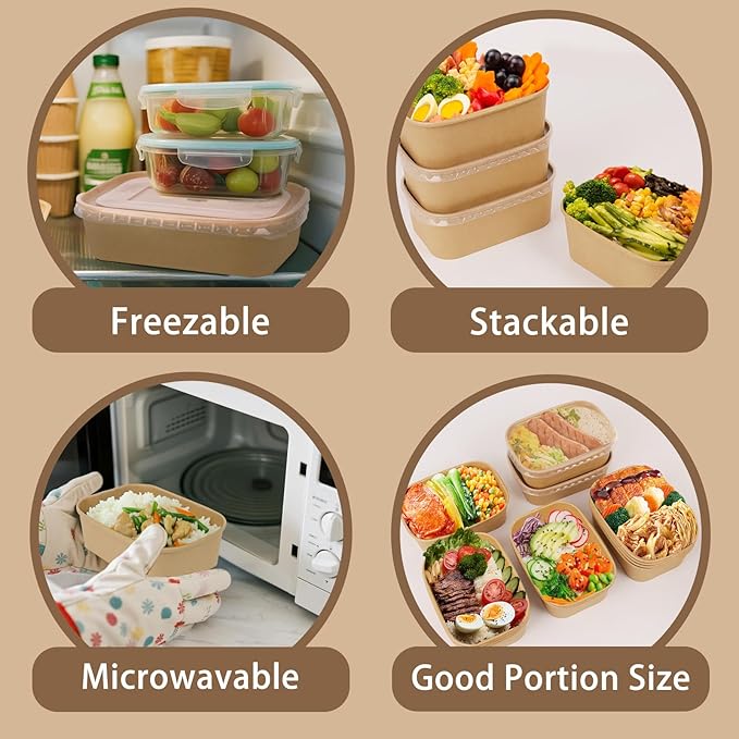 50 Pack 22 oz Paper Food Containers with Lids, Meal Prep Containers Disposable Large Paper Bowls, Microwavable and Freezer Storage Use Cardboard Food Containers