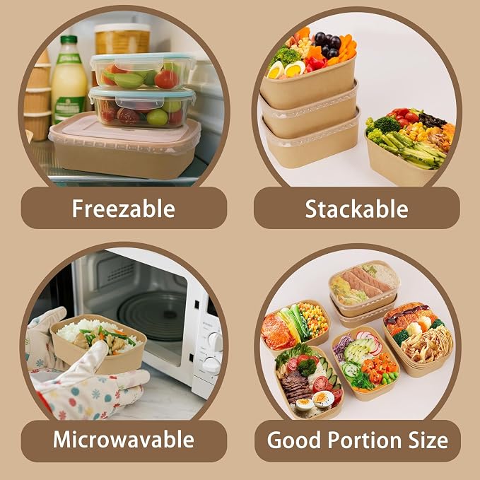 50 Pack 29 oz Paper Food Containers with Lids, Meal Prep Containers Disposable Large Paper Bowls, Microwavable and Freezer Storage Use Cardboard Food Containers