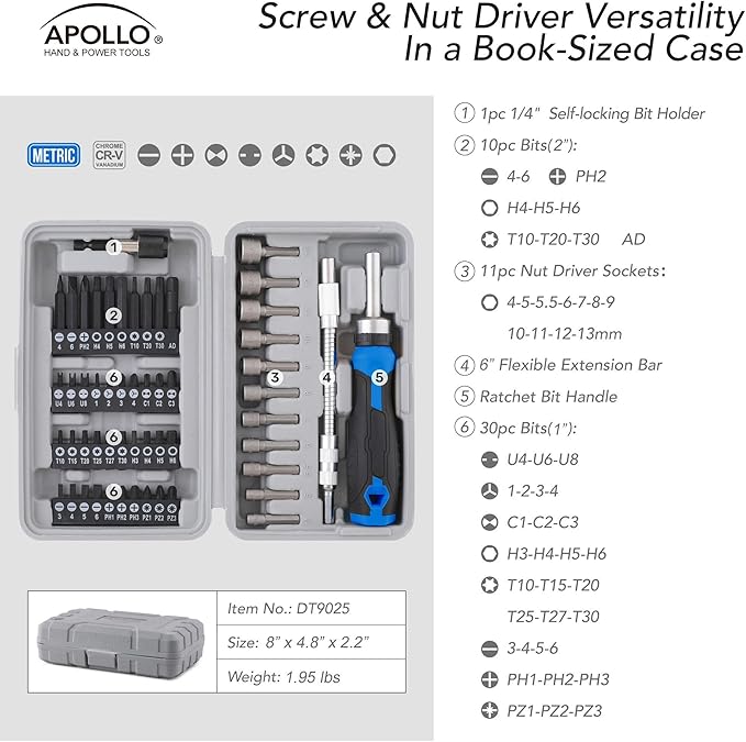 Apollo Tools 54-Piece Screwdriver & Nut Driver Bit Set – Ratcheting Handle, Flexible Extension, Metric Nut Drivers, Specialty Bits for Household, Automotive, & Appliance Repairs, Blue/Gray DT9025