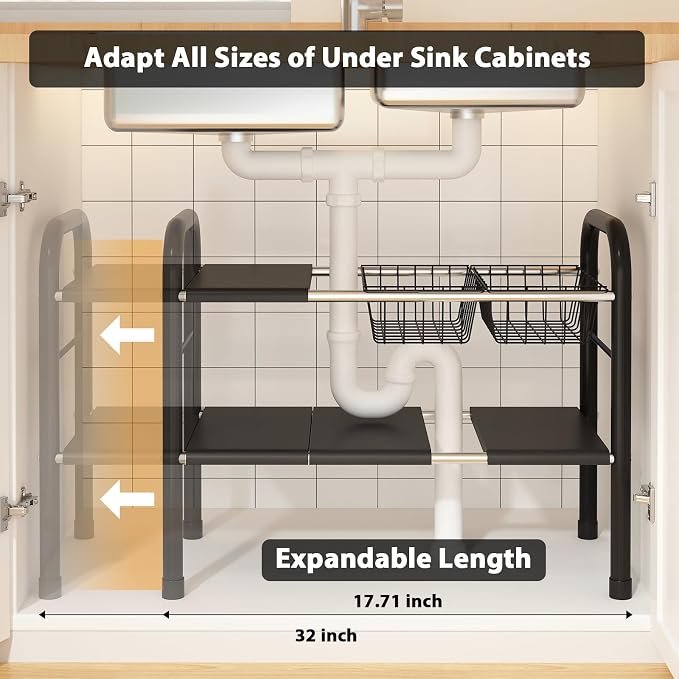 Expandable Under Sink Organizer, 2 Tier Under Sink Shelf with 2 Removable Baskets and 6 Removable Panels for Cabinet Sink Cloakroom Wardrobe Closet Storage(Black, 17.71”-32”Length