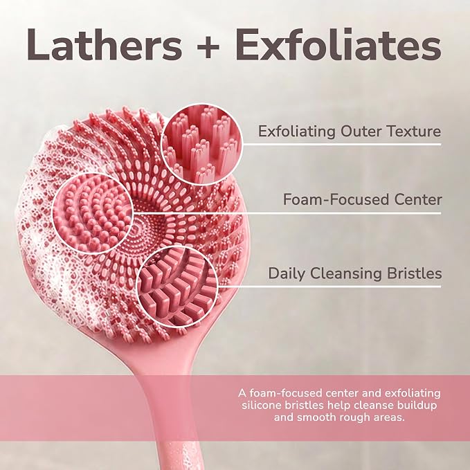 SILKLE Silicone Back Scrubber with Long Handle - Body Brush for Shower, Bath, and Exfoliating - Skin Cleansing, Back Scrub, and Gentle Silicone Sponge - Wash Your Body with Easy Reach - Pink