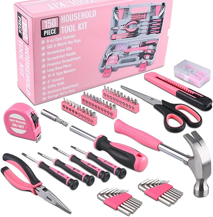 WINNER 150-Piece Pink Color All-Purpose Household Tool Kit in Toolbox Storage Case, Perfect for Women, Ladies and Girls with General Home Repairs, DIY Project, Garage, Office and College Dormitory Use