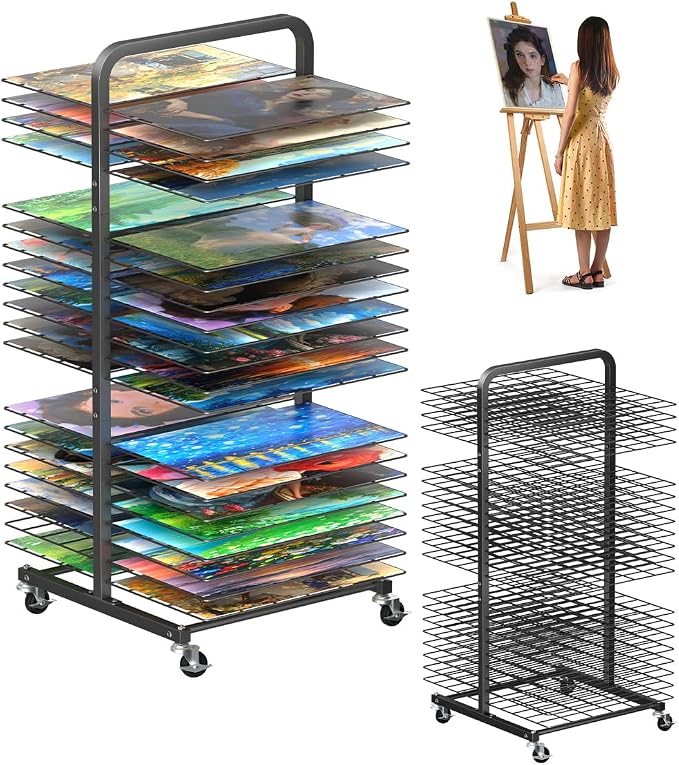 mocomax Art Drying Rack for Painting, Metal Paint Drying Stand, Movable Paint Drying Rack with Lockable Wheels, Art Canvas Storage Rack for Classrooms & Art Studios, 40 Removable Shelves, Black