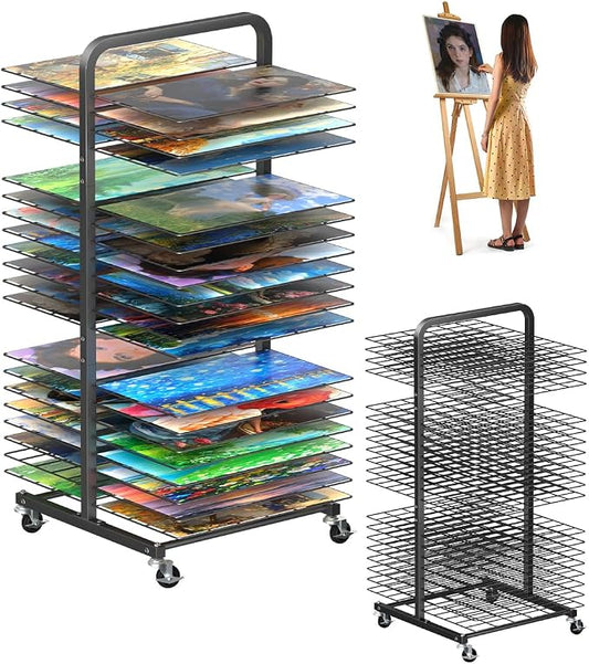 mocomax Art Drying Rack for Painting, Metal Paint Drying Stand, Movable Paint Drying Rack with Lockable Wheels, Art Canvas Storage Rack for Classrooms & Art Studios, 40 Removable Shelves, Black