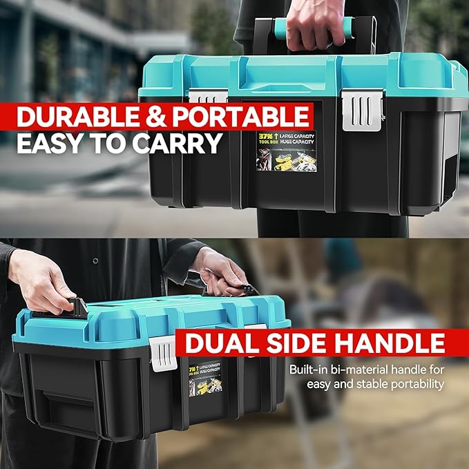 Auto Dynasty 17-Inch Tool Box, 2Pcs Toolboxes Organizer Storage with Removable Tray and Portable Handle for Garage Workshop Home Office Car Trunk, Blue