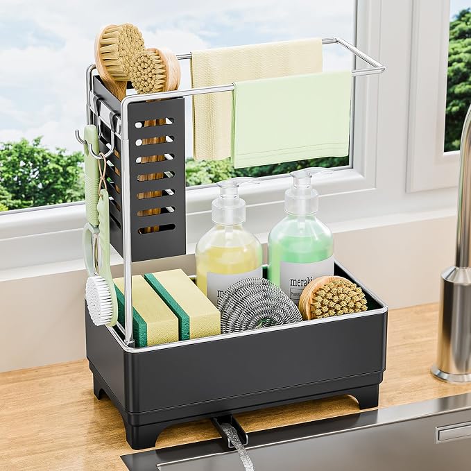 Stainless Steel Sink Caddy, Sponge Holder for Kitchen Sink with Brush Holder and Towel Rack, Sink Organizer for Countertop, Soap Dispenser Kitchen Organizers Storage Essentials(Black)