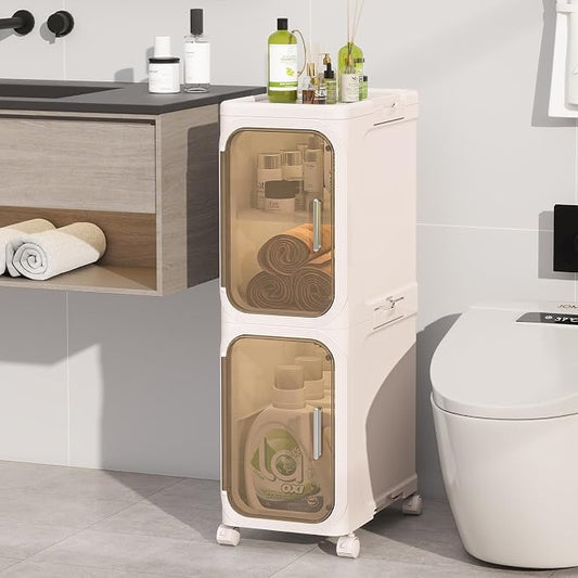 2 Tier Slim Bathroom Storage Cabinet, Foldable and Movable, Beige | Tools Free, ABS and PET, Magnetic Clear Door, Adjustable Shelves, Lockable Wheels, Water Resistant, For Narrow Space