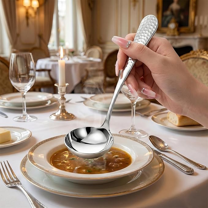 7.09 Inch Small Ladle Premium Stainless Steel Hammered Gravy Ladle Rustproof Kitchen Utensil for Serving Soup Sauces Gravies Chili Stew and More Elegance Functionality (Silver)