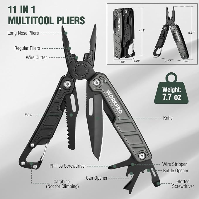 WORKPRO 11 in 1 Multitool Pliers with Pocket Clip and Sheath | EDC Multi Tool Knives with Safety Lock-Camping Tools Pocket Knife with Screwdriver Saw Blade Wire Cutter and Bottle Opener
