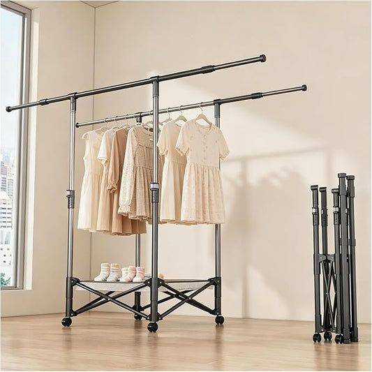 Foldable Collapsible Rolling Clothes Drying Rack,Adjustable Double Rods Laundry Airer(33.1–56.7"),Carbon Steel Pipe Standing Garment Rack for Indoor Outdoor Laundry Room (Black, A)
