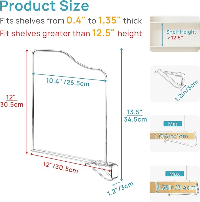 Vtopmart 12" Extra Tall x 12" Deep Shelf Dividers for Closet Organization, 4 Pack Clear Closet Organizers for Deep Shelves, Maximizing Vertical Space for Sweaters, Jeans and Clothes Storage