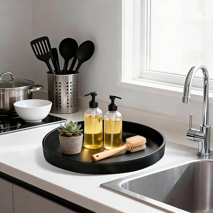 2 Pack 11" Bathroom and Vanity Tray, ABS Bathroom Counter Organizer, Coffee Table Decor for Perfume, Candles, Keys &More. Kitchen Countertop Organizer, Decorative Tray Soap Holder, Black