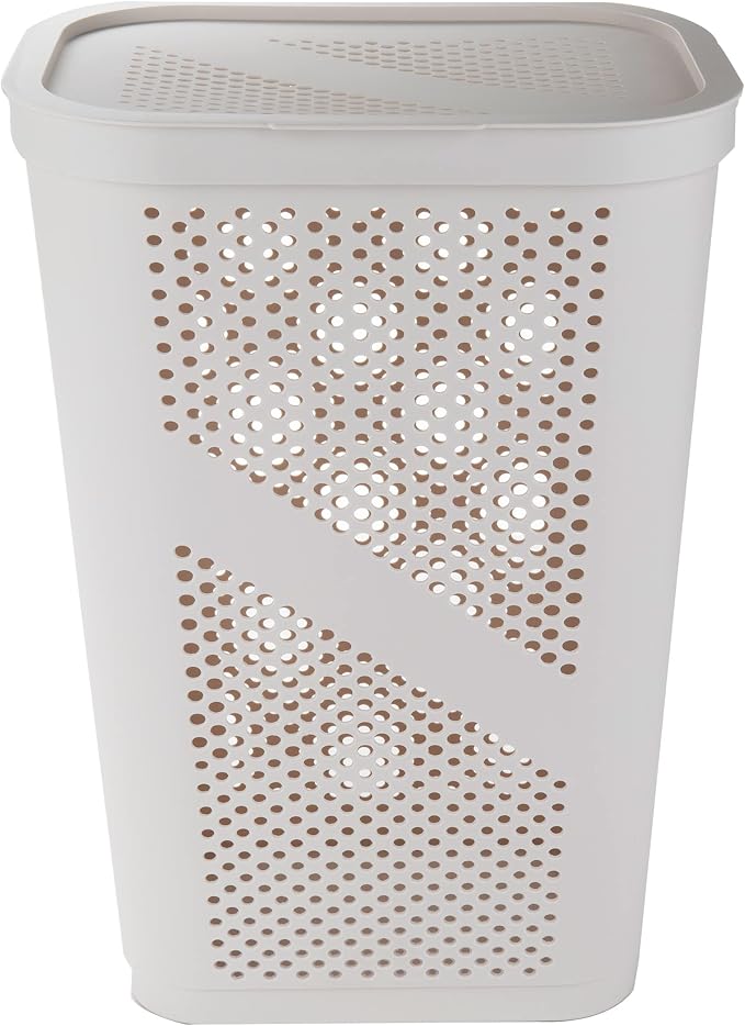 Mind Reader Slim Laundry Hamper with Lid, 60L Clothes Basket, Ventilated Plastic, Ivory