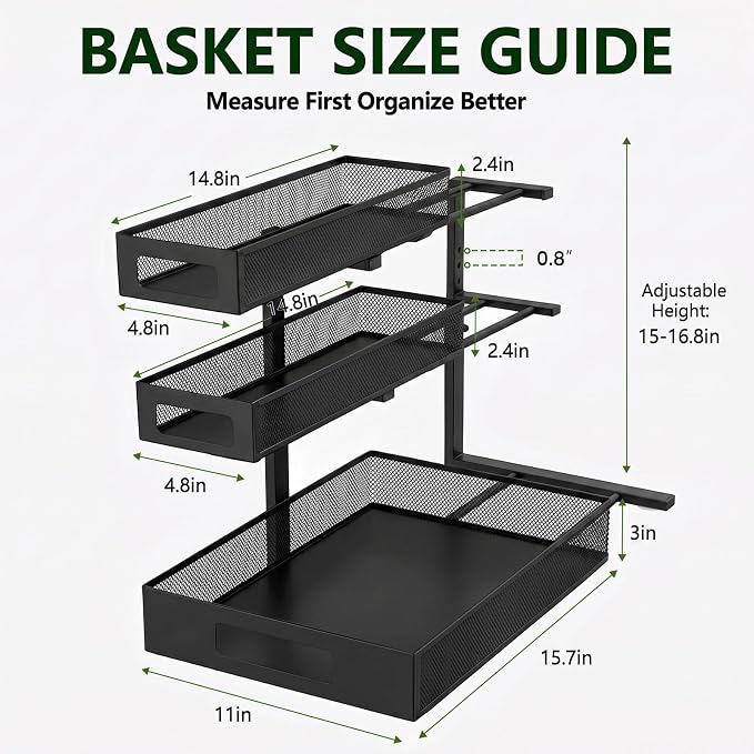 3 Tier Under Sink Organizer,1 Pack Pull Out Cabinet Shelves with Adjustable Height,Heavy Duty Carbon Steel L-Shaped Storage for Kitchen Bathroom Sink,Pantry & Laundry,Black